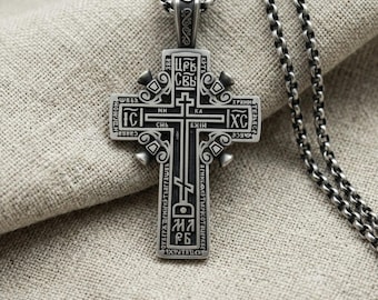 Orthodox Slavic Cross Pendant 925 Sterling Silver Russian Orthodox Crucifix Three Bar Byzantine Cross Religious Silver Necklace Christening