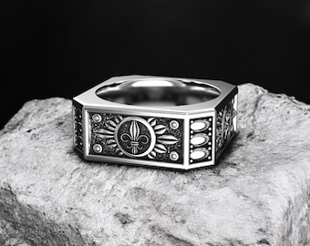 925 Sterling Silver Heraldic Lily Ring, Fleur de Lis Signet Ring, Medieval Inspired Jewelry, Royal French Symbol, Unisex Statement Ring