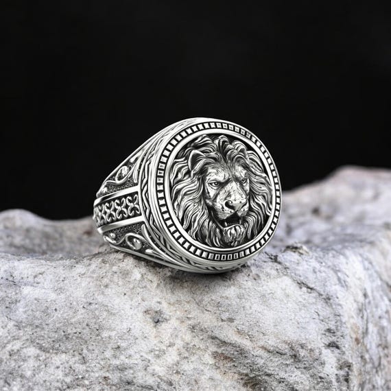 925 Sterling Silver Lion Ring, Patterned Animal Band, Unisex Boho