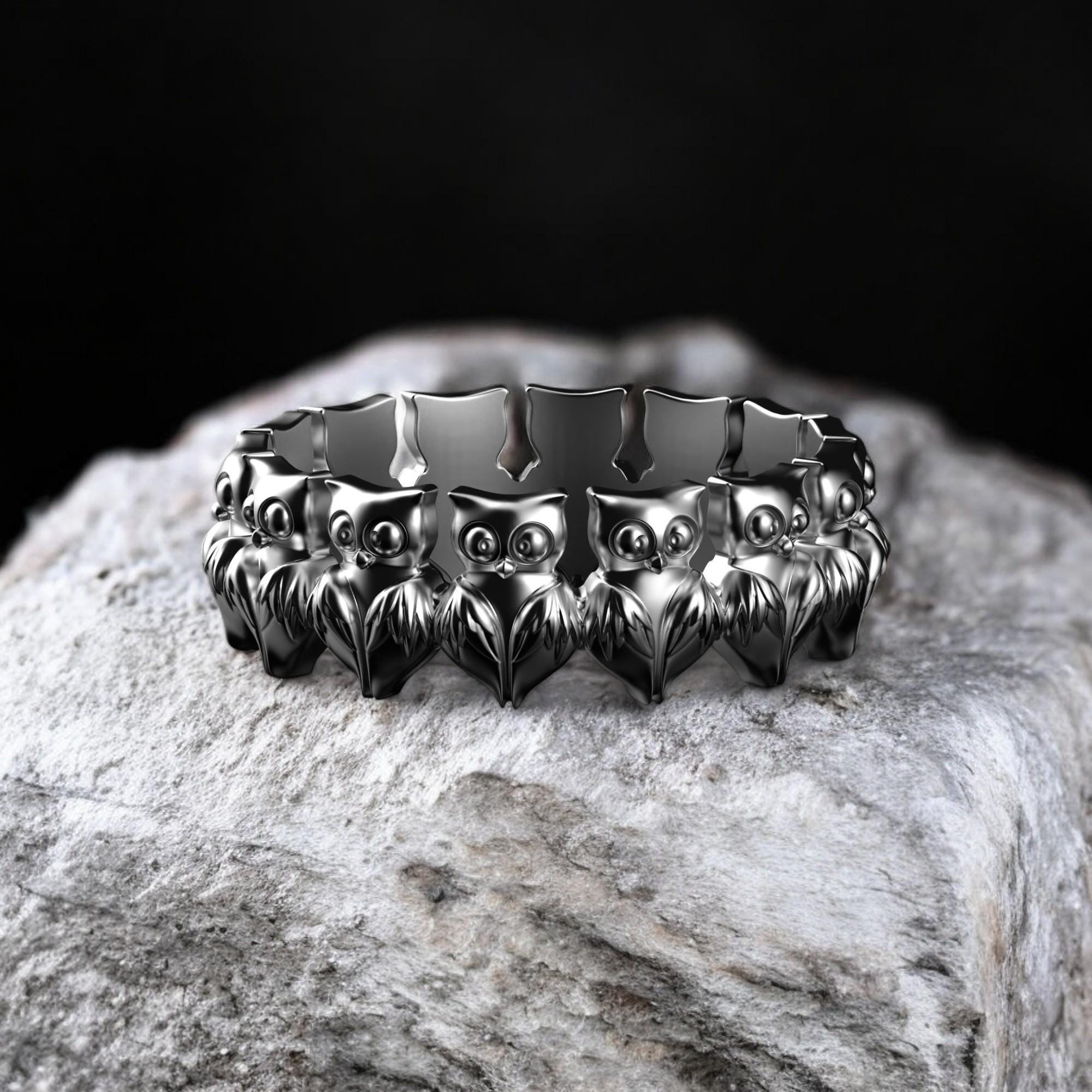 Sterling Silver Owl Ring, 925 Silver Round Dance Owls Band, Nature Inspired Jewelry, Bohemian Animal