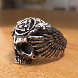 Odin Viking Skull Ring - 925 Sterling Silver with Ravens & Valknut Design, Unisex Scandinavian Jewelry, Gift for Norse Mythology Lovers