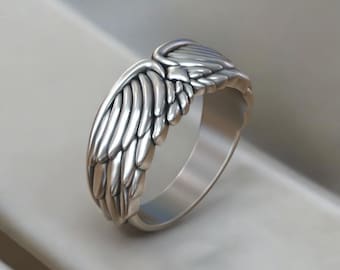 Biker Ring Wings Plumage, 925 Sterling Silver Ring for Men Women, Gothic Angel Feather Jewelry, Unisex Motorcycle Rider Gift,Rock Punk Style
