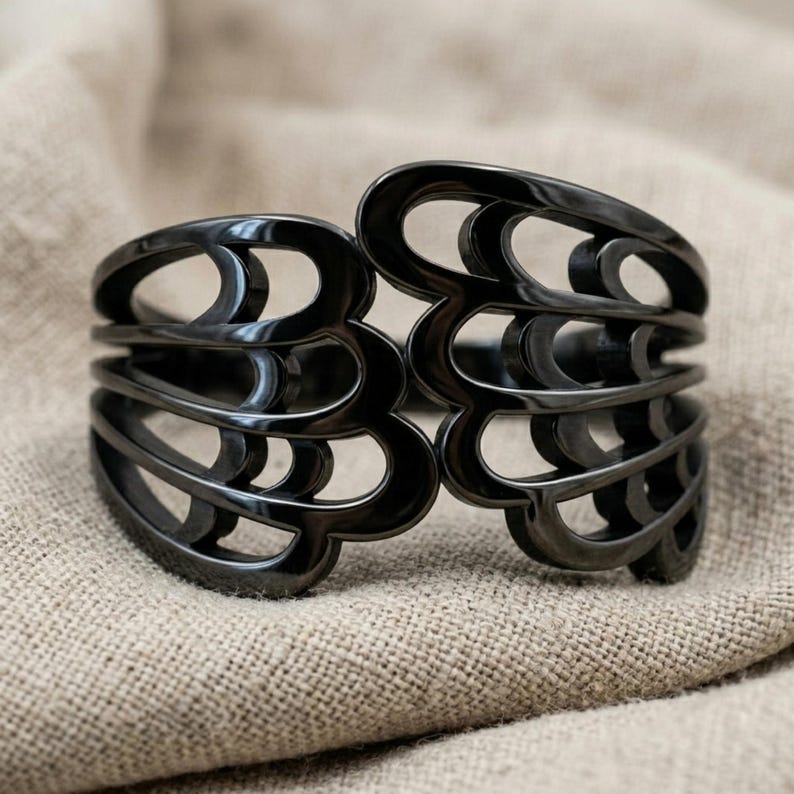 Embracing Angel Wing Ring, Rose Gold Plated 925 Sterling Silver Guardian Angel Statement Band, Handcrafted Fantasy Jewelry Black Rhodium Plated