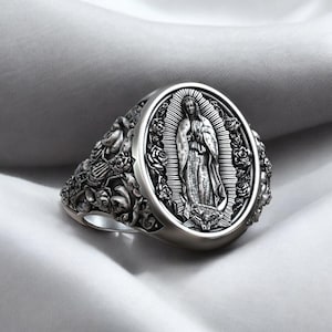 Lady of Guadalupe Cross Roses Virgin Mary Catholic Ring 925 Sterling Silver Intricate Religious Design Handmade Artisan Jewelry