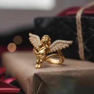 Cherub Angel Ring 925 Sterling Silver Rose Gold Finish Diamond Wing Religious Jewelry Spiritual Gift for Her image 5