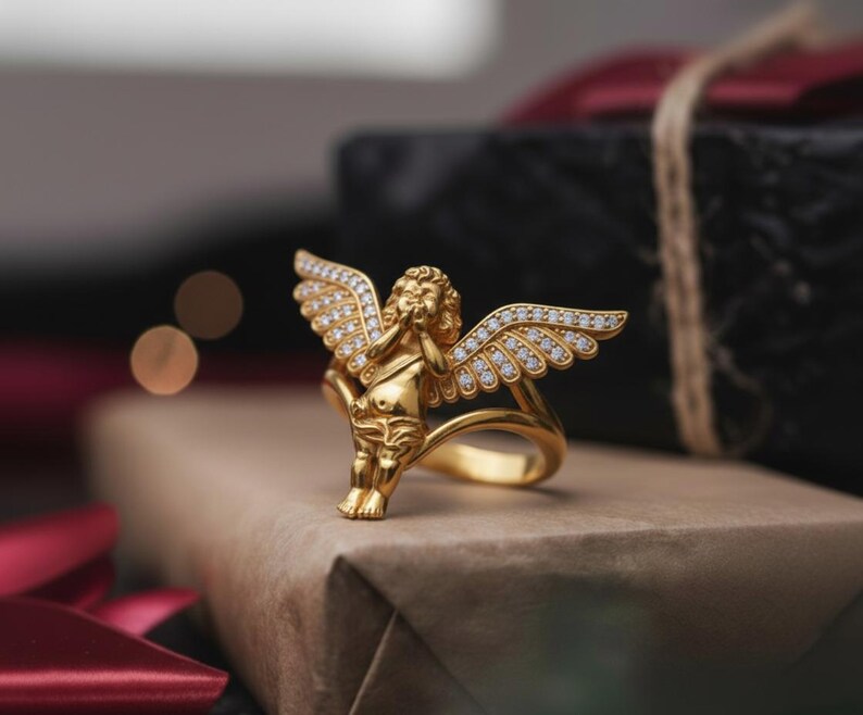 Cherub Angel Ring 925 Sterling Silver Rose Gold Finish Diamond Wing Religious Jewelry Spiritual Gift for Her image 5