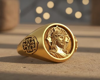 Jesus Christ Ring 925 Sterling Silver Gold Vermeil Crown of Thorns Christian Signet Ring Faith Jewelry Gift for Him Unisex Statement