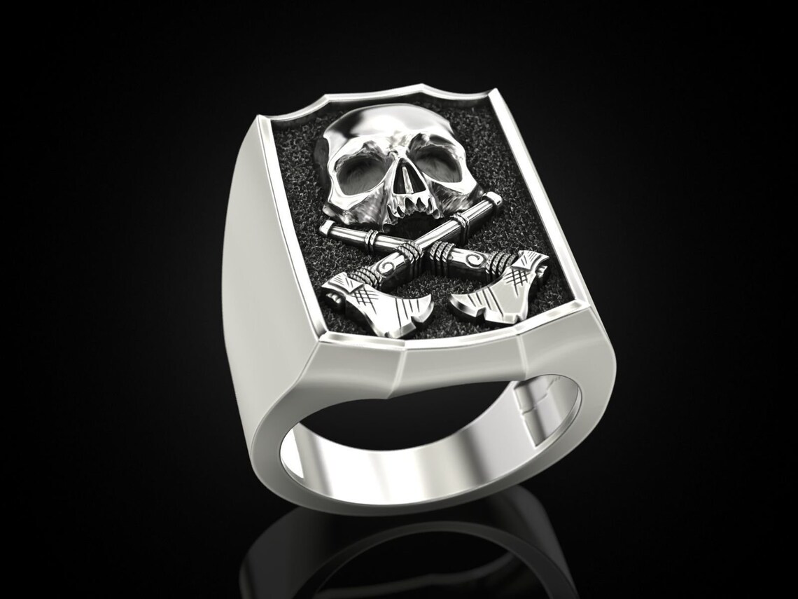 Skull and Axes Handmade Ring for Men, Sterling Silver Skull