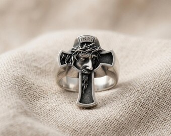 INRI Jesus Cross Ring 925 Sterling Silver | Religious Christian Crucifix Ring Men | Handcrafted Crown of Thorns Catholic Faith Jewelry Gift
