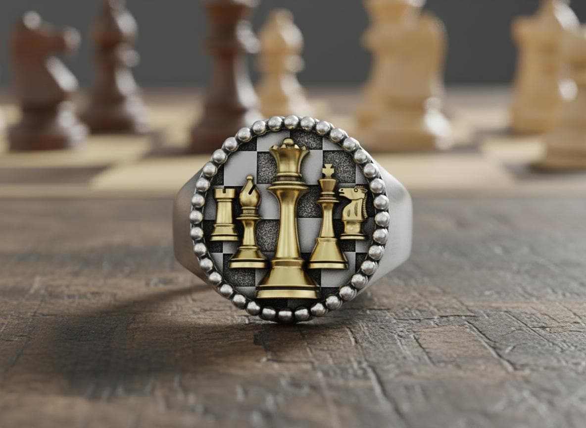 Chess Pieces Ring 925 Sterling Silver Two Tone Jewelry Chessboard