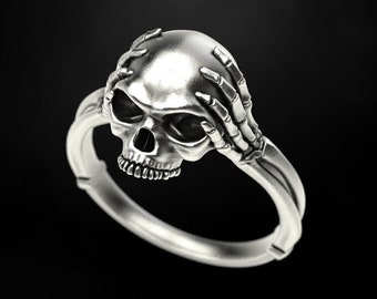 Skull Head and Bone Hand Handmade Sterling Silver Men Ring, Skull Gothic Jewelry, Unique Biker Ring, Ring For Men, Memorial Gift