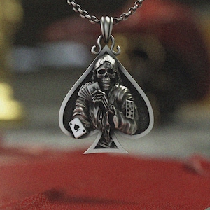 Pik-Ass Anhänger 925 Sterling Silber | Death Card Skull Halskette | Sensenmann Glücksspiel Schmuck | Gothic Biker Geschenk für Männer