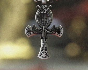 Egyptian Ankh Pendant 925 Sterling Silver | Eye of Horus Necklace | Falcon Hieroglyph Amulet | Ancient Egypt Protection Jewelry