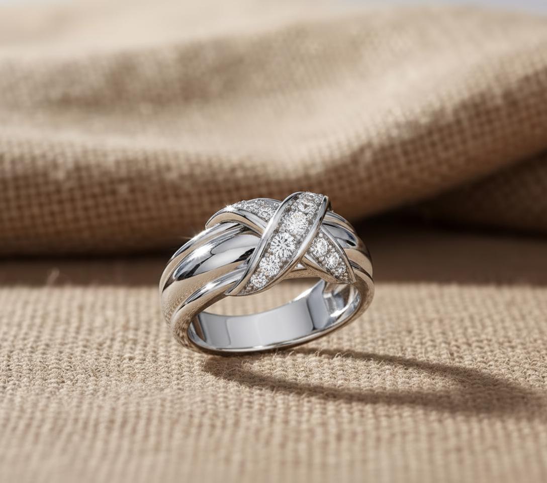 Wide X Ring 925 Sterling Silver Polished Finish Criss Cross Pave