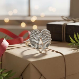 Angel Wings Ring 925 Sterling Silver Rose Gold Plated Guardian Angel Memorial Jewelry Spiritual Gift for Her Polished Silver