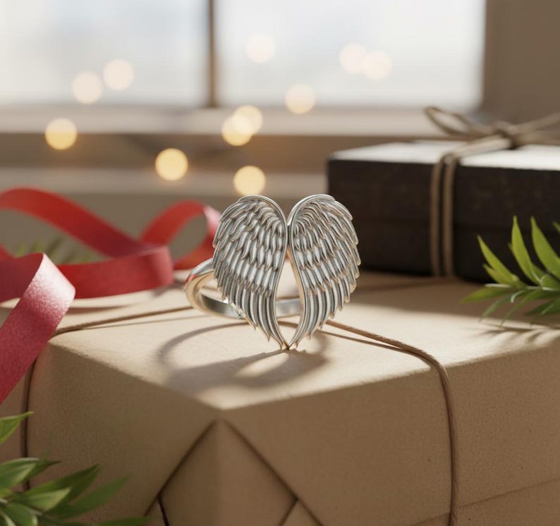 Angel Wings Ring 925 Sterling Silver Rose Gold Plated Guardian Angel Memorial Jewelry Spiritual Gift for Her Polished Silver