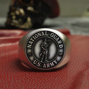 National Guard Ring, 925 Sterling Silver US Army Minuteman Military Signet, Veteran Service Member Gift, Patriotic American Jewelry for Men