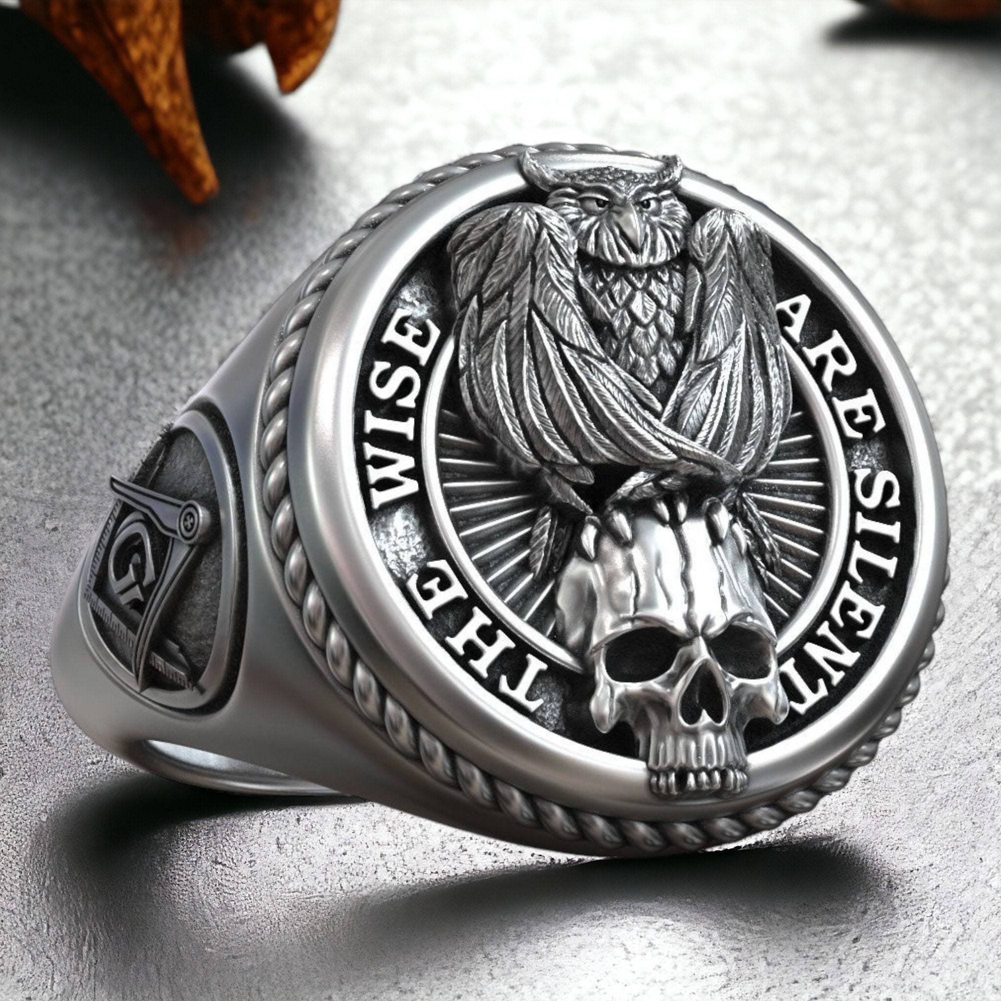 Owl Skull Mason Square Compass Signet 925 Sterling Silver Ring Adjustable Unique Design Handmade Mas