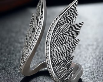 Angel Wings Diamond Oxidized Ring 925 Sterling Silver Adjustable Unique Design Handmade Vintage Style Jewelry Gift for Her