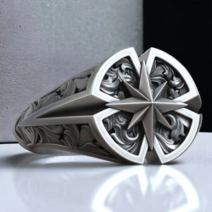 Windrose Stern Kompass Reisemuster Siegelring aus 925er Sterlingsilber, verstellbar, einzigartiges Design, handgefertigter nautischer Schmuck, Geschenk