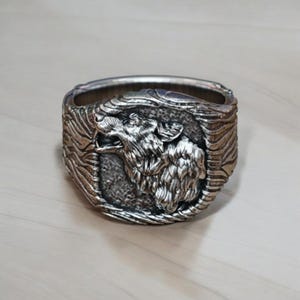 Textured Wolf Ring for Men 925 Sterling Silver Handmade Animal Jewelry Unique Statement Piece Adjustable Band Bold Masculine Design Gift