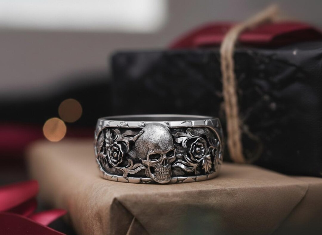 Skull And Roses Rings Skull and Roses Ring 925 Sterling Silver Oxidized Finish Gothic Floral ...