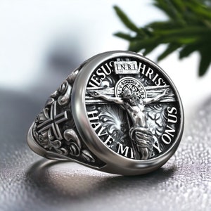 Jesus Christ Catholic Cross Crucifixion Signet 925 Sterling Silver Ring Adjustable Unique Design Handmade Religious Jewelry Gift