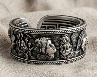 Antique Greek Olympus Gods Statue Ruins Meander Adjustable Ring 925 Sterling Silver Unique Design Handmade Cultural Jewelry Gift for Him her