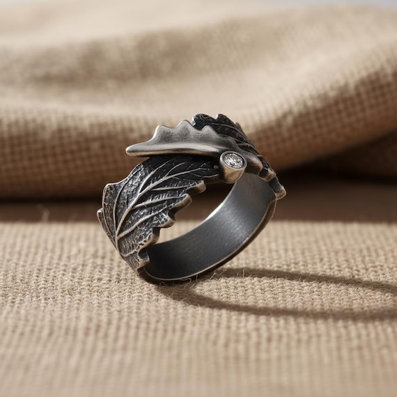 Oak Leaf Ring 925 Sterling Silver Oxidized Finish Elven Fantasy 