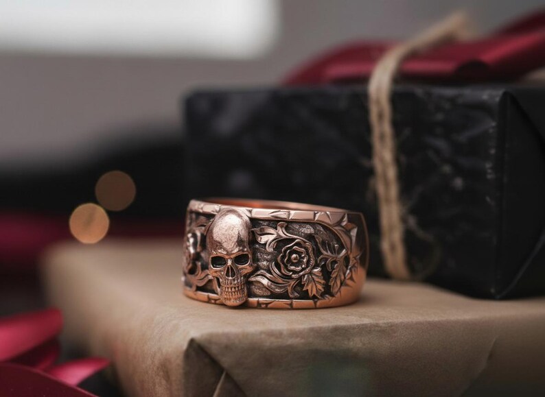 Skull And Roses Rings Skull and Roses Ring 925 Sterling Silver Black Rhodium Gothic Floral ...