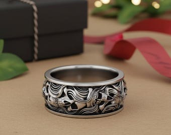 Skull and Smoke Ring 925 Sterling Silver Oxidized Finish Gothic Biker Band Memento Mori Jewelry Gift for Him Unisex