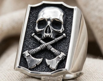 Skull and Crossed Axes Viking Ring in 925 Sterling Silver, Oxidized Memento Mori Gothic Signet