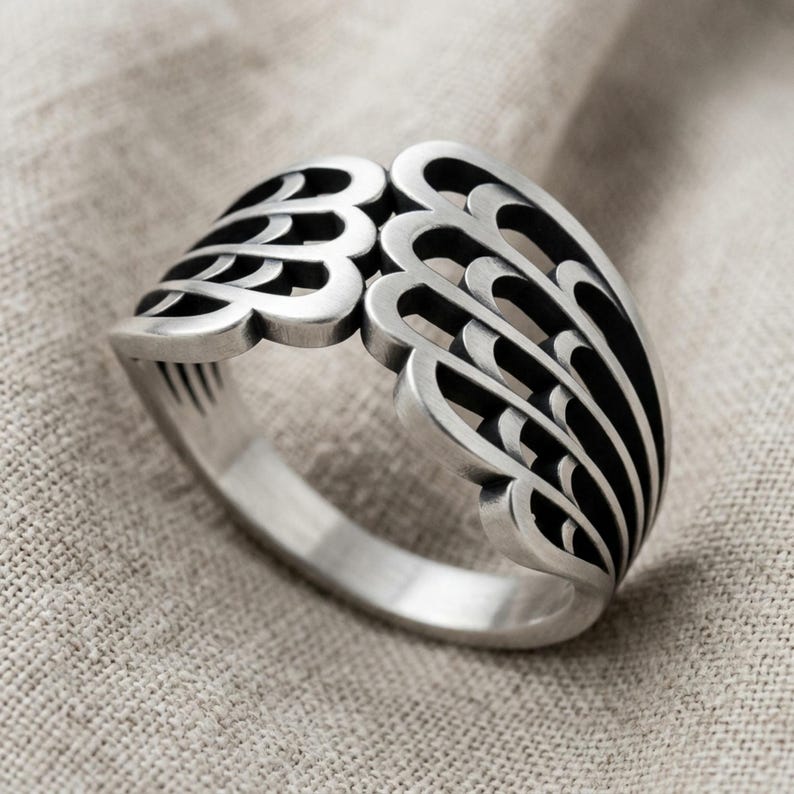Embracing Angel Wing Ring, Rose Gold Plated 925 Sterling Silver Guardian Angel Statement Band, Handcrafted Fantasy Jewelry image 2
