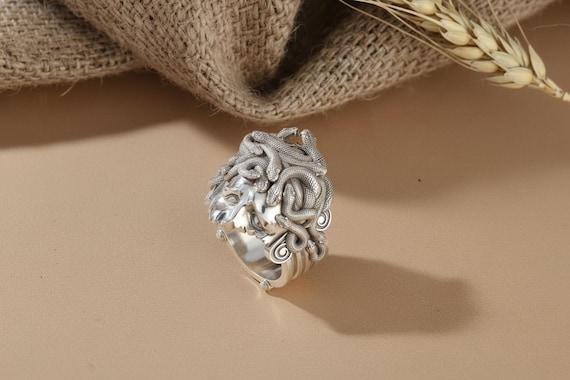 Medusa Snake Ring 925 Sterling Silver Oxidized Finish Greek Mythology Statement Jewelry Unisex Artisan