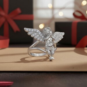 Cherub Angel Ring 925 Sterling Silver Rose Gold Finish Diamond Wing Religious Jewelry Spiritual Gift for Her image 7