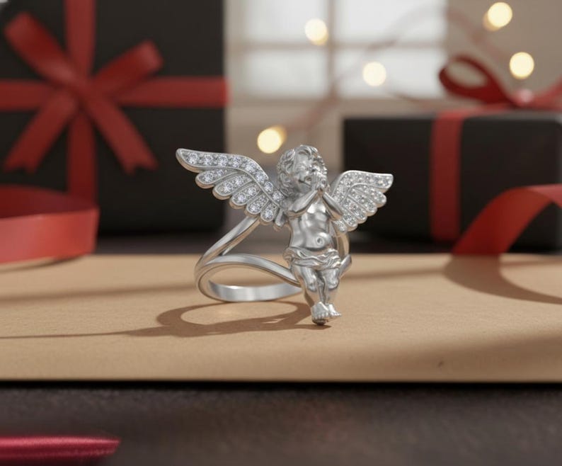 Cherub Angel Ring 925 Sterling Silver Rose Gold Finish Diamond Wing Religious Jewelry Spiritual Gift for Her image 7