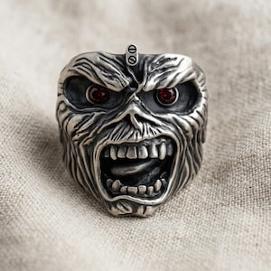 Iron Maiden Signet Ring, 925 Sterling Silver, Gemstone Eyes, Heavy Metal Band Jewelry, Rock Music Fan Gift, Unisex Gothic Ring, Custom Size