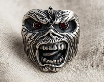 Iron Maiden Signet Ring, 925 Sterling Silver, Gemstone Eyes, Heavy Metal Band Jewelry, Rock Music Fan Gift, Unisex Gothic Ring, Custom Size
