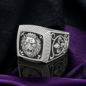 Ring Lion 925 Sterling Silver, Men&#39;s and Women&#39;s Majestic Animal Jewelry, Handmade Detailed Lion Head Ring, Unique Statement Piece