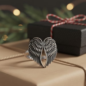 Angel Wings Ring 925 Sterling Silver Rose Gold Plated Guardian Angel Memorial Jewelry Spiritual Gift for Her Oxidized Matte