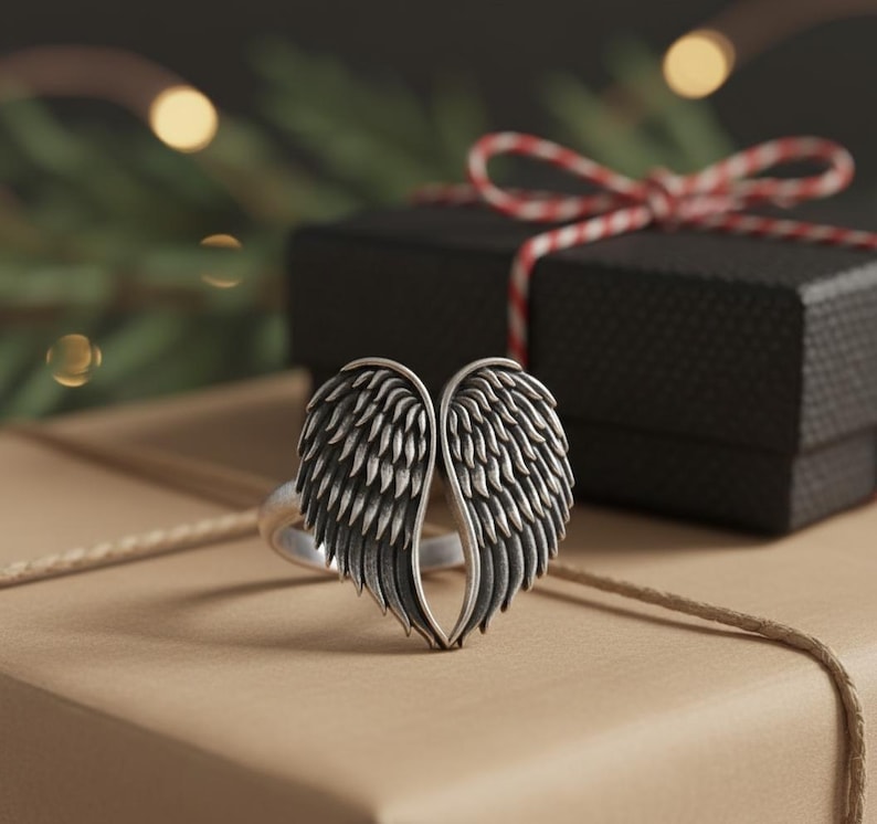 Angel Wings Ring 925 Sterling Silver Rose Gold Plated Guardian Angel Memorial Jewelry Spiritual Gift for Her Oxidized Matte