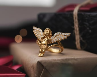 Praying Angel Ring 925 Sterling Silver Gold Vermeil Renaissance Cupid Jewelry Statement Gift For Her