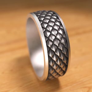 Dragon Scale Oxidized Silver Wedding Band, Unique Animal Dragon Ring for Men, Engraved Promise Ring, Husband Gift, Boyfriend Gift