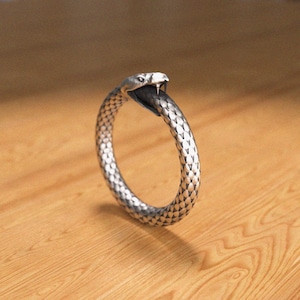 May include: A silver ring shaped like a snake with its head biting its tail. The snake is textured with scales.