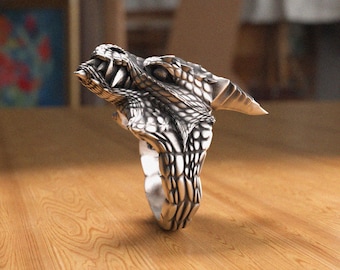 Dragon Head Gothic Ring, Handmade 925 Sterling Silver Statement Ring for Men, Mythical Fantasy Jewelry