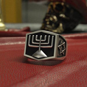 Menorah Ring - 925 Sterling Silver Jewish Religious Ring with Star of David - Handcrafted Hebrew Spiritual Jewelry for Men