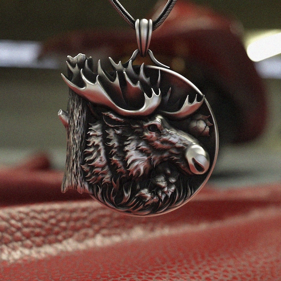 Moose Pendant 925 Sterling Silver Necklace | Wildlife Elk Antler