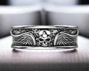Skull Wings Ring 925 Sterling Silver, Gothic Jewelry for Men and Women, Punk Rock Style, Unique Handmade Biker Ring, Statement Jewelry