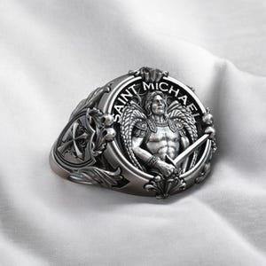 Saint Michael Archangel Shield Sword Ring, Christian Religious Jewelry, 925 Sterling Silver Protection Symbol Ring, Mens Womens Faith Gift