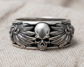 Raven Skull Ring 925 Sterling Silver Oxidized Gothic Crow Wings Band Biker Jewelry For Him